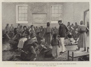 रिट्रीट में ग्रीक स्कूल-हाउस में एकत्र किए गए आउटेजिंग विलेज से शरणार्थियों में परेशानी, शरणार्थी